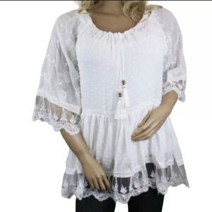 POL White Embroidered Lace long Sleeve Blouse